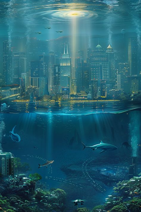 /imagine an underwater city with a light source on the sea bed that illuminates the city. There are other sea creatures swimming around the city. We can see trees, rivers and mountains in this underwater world. The art style is hyper realistic. --v 6.0 - Image #4 Underwater City Landscape, Underwater Dome City, Underwater Train Art, Underwater City Scifi, Ocean City Fantasy Art, Underwater Fantasy City, Underwater Landscape Art, Futuristic Underwater City, Underwater City Aesthetic