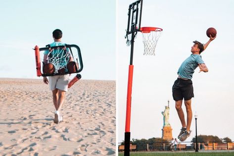 This portable 8.5 foot basketball hoop lets you play ball anywhere… even on the beach! | Yanko Design Beach Basketball, Portable Basketball Hoop, Volleyball Net, Basketball Skills, Beach Diy, Basketball Hoop, Play Soccer, Beach Umbrella, Yanko Design
