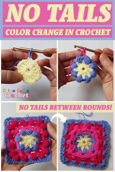 In this No Tails Color Change In Crochet tutorial you will learn exactly how to change color in crochet leaving no yarn tails to weave in at the end between rounds, rows or stripes. This method dramatically reduces the time you spend weaving in the ends because you’ll only have one end left for every motif or two ends say per stripy blanket. Amigurumi Patterns, Changing Colors In Crochet Granny Square, Crochet Color Change Granny Square, How To Join Yarn In Crochet, Best Way To Change Colors In Crochet, How To Change Colors In Crochet Granny Squares, How To Change Yarn Colors In Crochet Granny Squares, How To Change Color In Granny Square, Granny Square Color Change