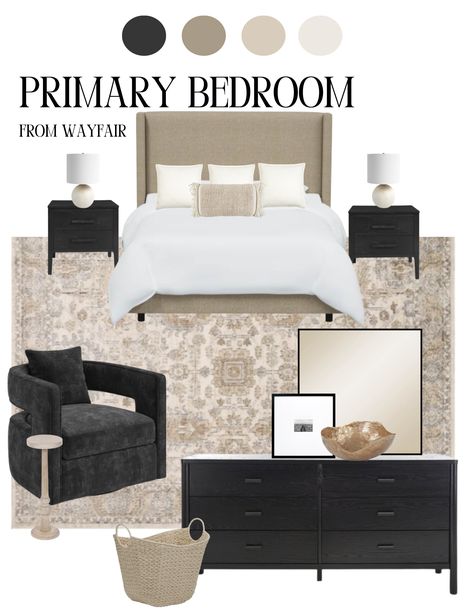 Muted & neutral toned bedroom all items sourced from Wayfair! #neutral #homedecor #beige #wayfair #home #primarybedroom #bedroominspo #homeinspiration #brownbedroom #accentchair #accentlamp #monochromatic #easydecor #rug #nightstand #blackdresser #moodydecor #traditionaldecor #organicmodern #jossandmain #allmodern #afforabledecor🖤 Neutral Bedroom Decor With Black Accents, Master With Black Furniture, Beige Bed Black Furniture, Tan And Black Bedroom Ideas Neutral Tones, Black Brown White Bedroom Ideas, Black White Gray Beige Bedroom, Grey Beige And Black Bedroom, Beige Black Grey Bedroom, Cream Brown And Black Bedroom