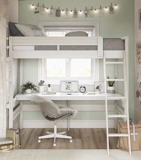 A loft bed is an excellent solution for the kids’ room when space is at a premium. A lot of today’s models even come with built-in desks, wardrobes and othe Loft Beds For Teens, Loft Beds For Small Rooms, Girls Loft Bed, Bed For Girls Room, Beds For Small Rooms, Loft Bed Plans, Diy Loft Bed, Teenager's Room, Twin Loft Bed