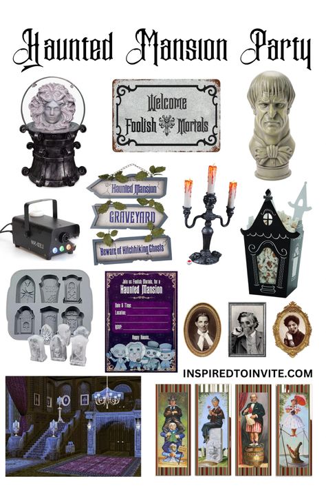 Invite your foolish mortals over for a Haunted Mansion Party for Halloween this year! #hauntedmansion #halloweenparty #halloweenpartyideas #halloweenpartydecorations #halloweenpartydecor #partyideas Halloween Party Haunted Mansion, Haunted Mansion Birthday Party Ideas, Haunted Mansion Printables Free, Haunted Mansion Food Ideas, Haunted Mansion Themed Party, Haunted Mansion Party Ideas, Haunted Mansion Birthday Party, Haunted Mansion Cake, Haunted Mansion Halloween Decor