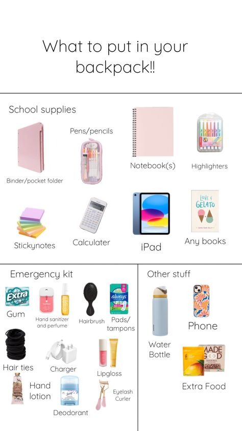 School Bag Organization, High School Essentials, Middle School Lockers, Middle School Essentials, School Emergency Kit, School Backpack Essentials, School Routine For Teens, Preppy School Supplies, Pretty School Supplies