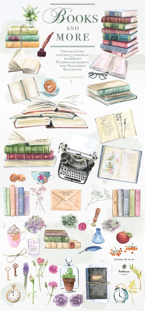 Books Watercolor, Education Illustration, Kertas Vintage, Kunstjournal Inspiration, Watercolor Books, An Education, Album Scrapbooking, Watercolor Illustrations, Bullet Journal Stickers