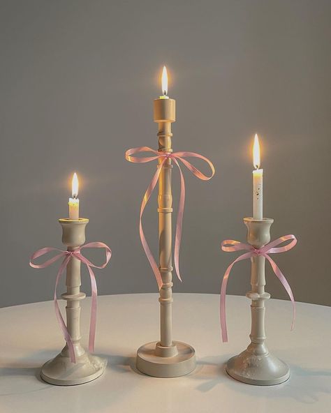 Candle Sticks With Bows, Stick Candles Aesthetic, Bows On Candlesticks, Bows On Candles, Coquette Candle Holder, Candles With Bows, Bow Candle Holder, Pink Bow Decor, Pink Bows Aesthetic