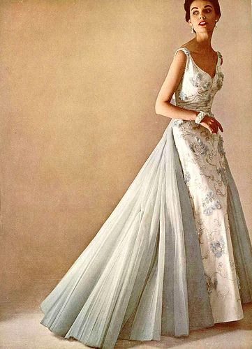 Joan Whelan in beautiful white satin evening gown embroide… | Flickr Istoria Modei, Detail Couture, Mode Retro, Mode Glamour, 파티 드레스, Look Retro, Fashion 1950s, Vintage Mode, Vintage Gowns