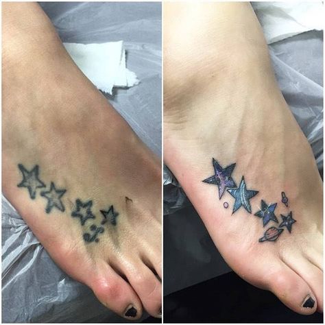 Star cover up on the right foot. Bad Tattoos, Little Foot Tattoos, Tattoo Cover Ups, Cover Up Ideas, Toe Tattoos, Foot Tattoos For Women, Tattoo Cover Up, Star Tattoo, Tattoo Cover