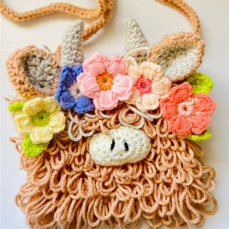 Beautiful Crocheted Handmade Highland Cow Cross Bag, Each Flower Is Handmade Approx 7”X7” Crochet Highland Cow Applique, Crochet Thigh Bag, Yellowstone Crochet, Crochet Party Decor, Crochet Clown Bag, Left Handed Crochet Patterns, Crochet Voodoo Doll Pattern Free, Crochet Christian, Pretty Crochet Stitches