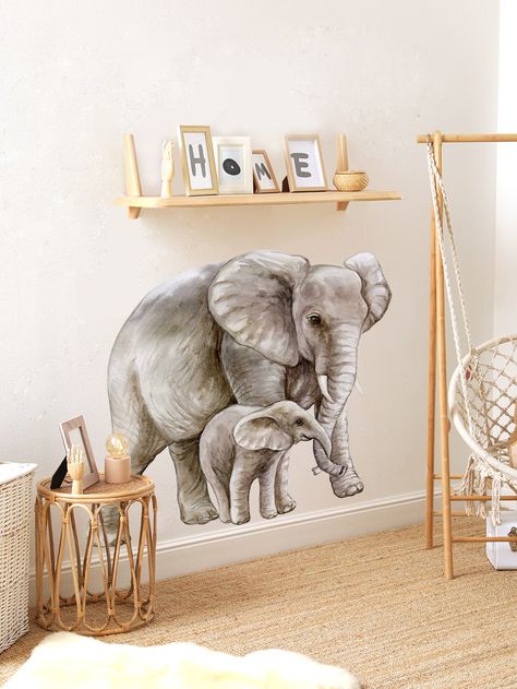 Multicolor  Collar  PVC  Wall Stickers Embellished   Home Decor Jungle Wall Decals, Adhesive Wall Art, Motif Tropical, Family Wall Decals, Safari Animals Nursery, Playroom Art, Animal Wall Decals, Cartoon Wall, Watercolor Elephant