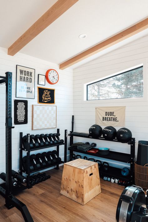 Our New Home Gym (separate building in backyard) - Nesting With Grace Gym Shed, Work Out At Home, Small Home Gym, Gym Design Interior, Home Gym Garage, Nesting With Grace, Shiplap Wall Diy, Basement Gym, Gym Room At Home