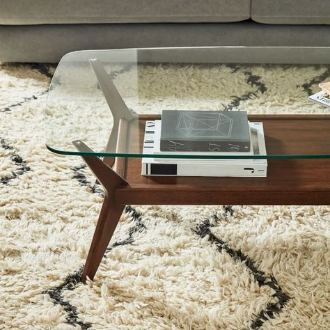 Glass Coffee Table With Wood Base, Square Glass Top Coffee Table, West Elm Living Room Coffee Tables, Coffee Table Glass And Wood, Retro Glass Coffee Table, Dark Walnut Coffee Table, Wood Glass Coffee Table, Vintage Glass Coffee Table, Glass Center Table Living Room