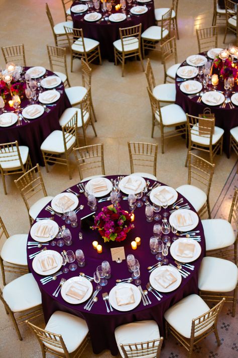 Gorgeous Pink, Cultural Wedding in Downtown Chicago | Modernly Wed Dark Purple Wedding, Purple Wedding Reception, Purple And Gold Wedding, Wedding Burgundy, Violet Wedding, Purple Table, Plum Wedding, Wedding Colors Purple, Mod Wedding