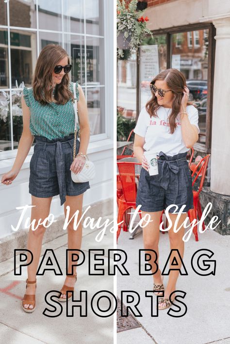 two ways to style paper bag shorts, high waisted shorts, how to dress up shorts, summer fashion, Target A New Day paper bag shorts Brown Paperbag Shorts Outfit, How To Wear Paperbag Shorts, Paper Bag Jean Shorts Outfit, Paper Bag Waist Shorts Outfit, How To Style Paper Bag Shorts, Black Paper Bag Shorts Outfit, High Waisted Shorts Outfits, Style Paper Bag Shorts, Paper Bag Shorts Outfit