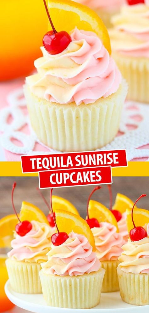 Tequila Sunrise Cupcakes, Tequila Cupcakes, Booze Cupcakes, Alcoholic Food, Boozy Cupcakes Recipes, Cupcakes Rellenos, Fruity Cupcakes, Cocktail Cupcakes, Alcohol Cake