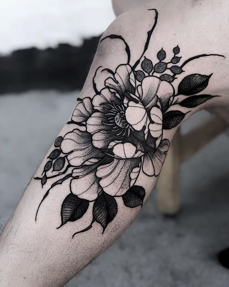 Gothic Flower Shoulder Tattoo, Goth Garden Tattoo, Unique Flowers Tattoo, Dark Floral Shoulder Tattoo, Black Work Floral Tattoo, Goth Flowers Tattoo, Creepy Flower Tattoos, Dark Flower Tattoos, Gothic Flowers Tattoo