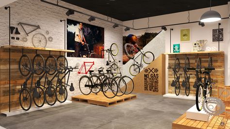 Hero Cycles - Store Identity on Behance Bike Shop Ideas, Cycle Store Design, Bike Display, Bicycle Cafe, Bicycle Room, Cycle Store, Coffee Bike, Bicycle Store, Bike Room