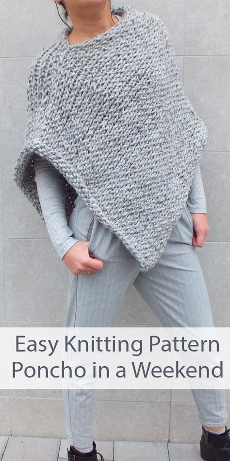 Knitted Poncho Patterns Free, Knit Poncho Pattern, Easy Poncho Knitting Pattern, Knitting Patterns Free Beginner, Poncho Crochet, Beginner Knitting, Poncho Knitting Patterns, Easy Knitting Projects, Beginner Knitting Patterns