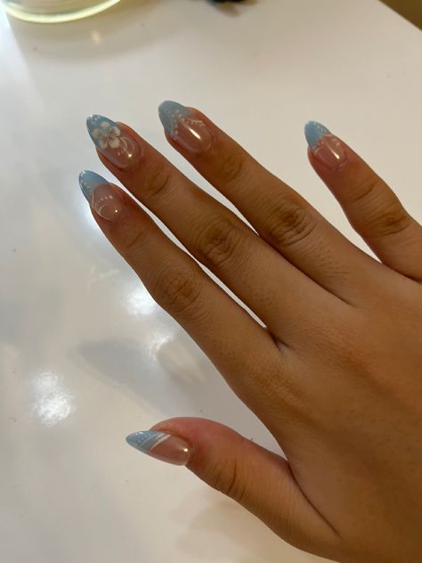 Almond French Tip Glitter Nails, Light Blue Nails With Design Short Square, Nails Idea For Vacation, Nail Inspiration Light Blue, Nail Acrylics Ideas, Almond French Tip Summer Nails, Blue French Tip Hibiscus Nails, Light Blue Beachy Nails, Nail Ideas Almond Blue