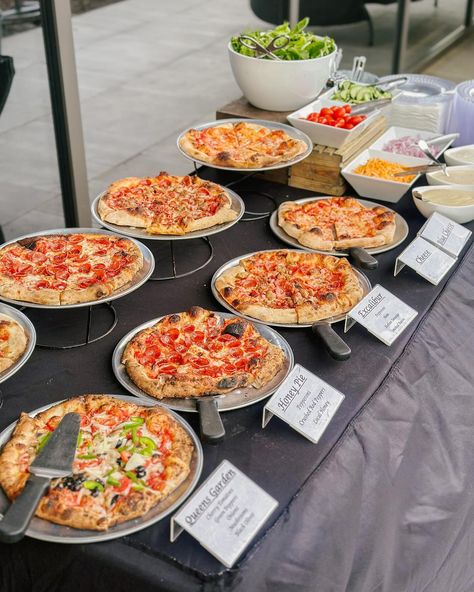 We bring the pizza to YOU!🔥 Inquire today about having King of Fire cater your next event.🍕 Food To Have At A Wedding, Pizza Buffet Wedding Food Stations, Catered Meal Ideas, Pizza Stands Wedding, Pizza Catering Display, Wedding Pizza Bar Food Ideas, Pizza Party Food Table, Pizza Party Rehearsal Dinner Ideas, Wedding Pizza Bar Receptions