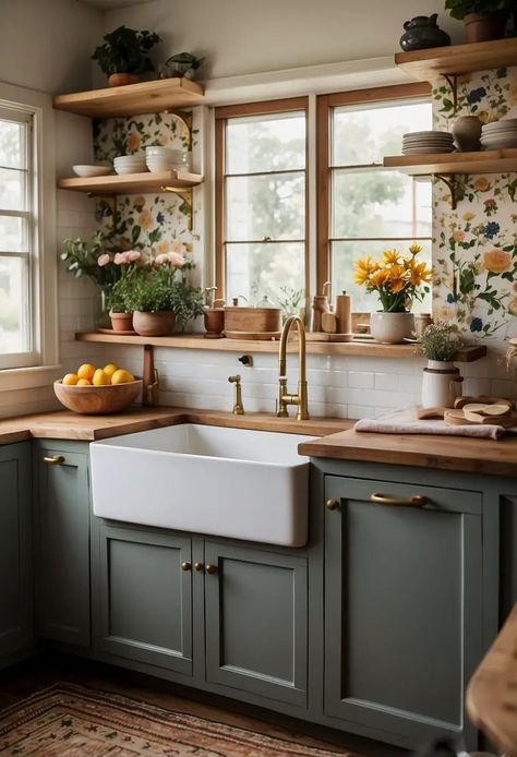 Kitchen Modern Vintage, Victorian Kitchen Small, Colourful Country Kitchen, Interesting Kitchen Design, Modern Vintage Cottage Decor, 1920s Style Kitchen, Indoor Home Color Ideas, English Cottage Kitchen Cabinets, 1920 Interior Design Style 1920s Kitchen