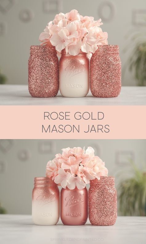 Painted Mason Jar Centerpieces, Toples Kaca, حفل توديع العزوبية, Wedding Party Centerpieces, Kerajinan Diy, Hantverk Diy, Gold Mason Jars, Ombre Rose, Glitter Mason Jars