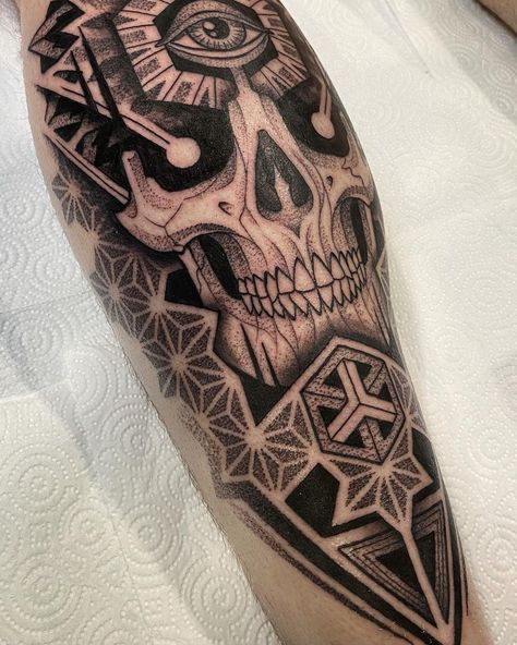 Skull Coming Out Of Skin Tattoo, Skull Geometric Tattoo, Geo Tattoo, Philadelphia Tattoo, Skull Geometric, Perspective Tattoos, Geometric Skull, Shin Tattoo, Full Leg Tattoos