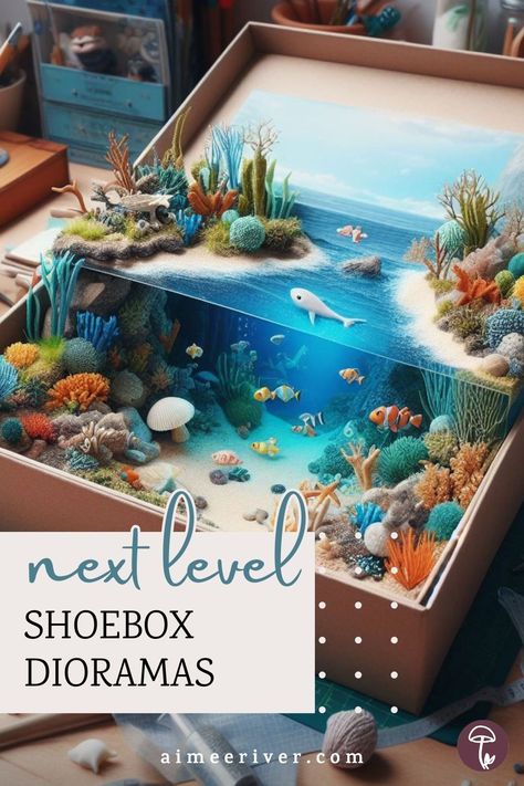 Shoebox diorama mini craft with an oceanic scene combining an underwater view and coastal scenery Mountain Diorama Shoebox School Projects, Under The Sea Diorama, Miniature Diorama Ideas, Shoebox House Project, Diaroma Ideas Projects, Shoebox Habitat, Camping Diorama, Shark Diorama, Plant Diorama