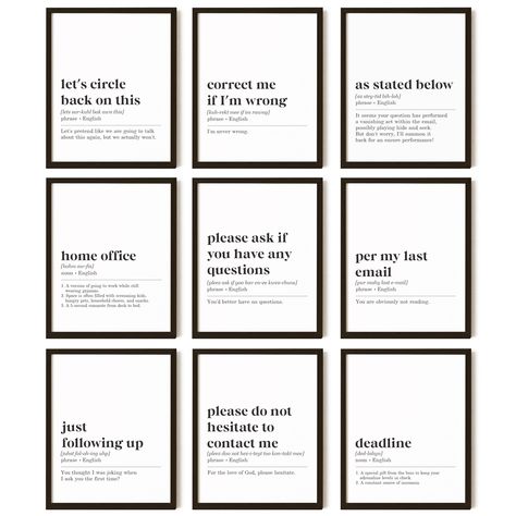 PRICES MAY VARY. Funny Motivational Posters: Transform your workspace with Office Decor Posters - the perfect decoration for an inspiring office environment. Add these motivational posters to your workspace and create an environment that fuels productivity and positivity. Elevate your office aesthetic with style and inspiration today! Set Of Home Office Decor For Women Includes: Elevate your workspace with 9 pieces of 8x10 Inch inspirational work quotes posters, including funny office pictures f Work From Home Office Door Sign, Gender Neutral Office Decor, Wellness Office Decor, Office Break Room Decor, Nurse Wall Art, Breakroom Decorations Ideas, Office Bathroom Decor Business, Work Bathroom Decor Ideas, Wall Decor Office Ideas