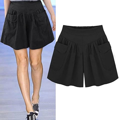 Women Summer Loose Casual Shorts Culottes Elastic Waist Wide Leg Shorts with Pockets Navy Blue: Amazon.co.uk: Clothing Loose Suit, Suit Shorts, Culotte Shorts, Womens Summer Shorts, Chiffon Shorts, Casual Summer Shorts, Women Beach, Hot Shorts, Beach Casual