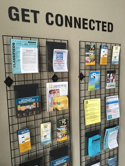 Info Booth Ideas, Conference Room Wall Decor, Welcoming School Entrance, Community Board Ideas Display, Resource Wall Ideas, Community Center Decor Ideas, Employee Wall Ideas, Small Church Foyer Ideas Entryway, Church Platform Decor Ideas