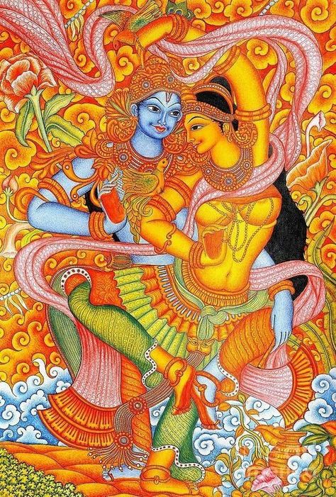 Radha Dancing, Mural Art Design, Kerala Mural Painting, Kalamkari Painting, Tanjore Painting, Madhubani Art, Shiva Shakti, Shri Krishna, Indian Folk Art