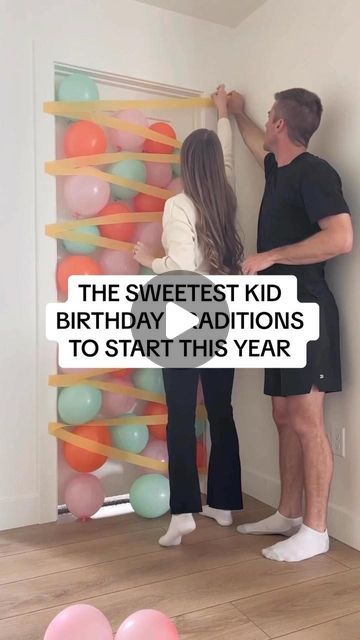 Evite on Instagram: "It’s never too late to start a new tradition. 🧸🎈🎁  Ideas courtesy of...  Balloon avalanche: @sarahjanele Face birthday banner: @celestecclark Birthday doors: @acupofbrie on TikTok Number wall decoration: @camillia_lee Party hats on stuffed animals: @emmmagraves on TikTok  #evite #party #kids #parenting #traditions #bday #bdaytraditions #party #kidsbirthday" Easy Birthday Set Up Ideas, Balloon Avalanche Diy Doors, Birthday Entry Ideas, Birthday Decoration In Room, Parenting Traditions, Birthday Door Surprise, Face Birthday Banner, Diy Birthday Decorations At Home, Birthday Balloon Avalanche