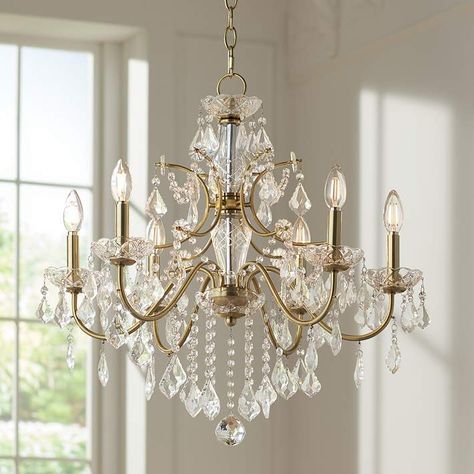 Magrite 26 1/2" Wide Gold 6-Light Chandelier - #64V77 | Lamps Plus Girly Home Office Ideas, Crystal Chandelier Dining Room, House Foyer, Gold Crystal Chandelier, Crystal Chandelier Living Room, Living Room Lighting Tips, Star Chandelier, Crystal Pendant Lighting, Colored Ceiling