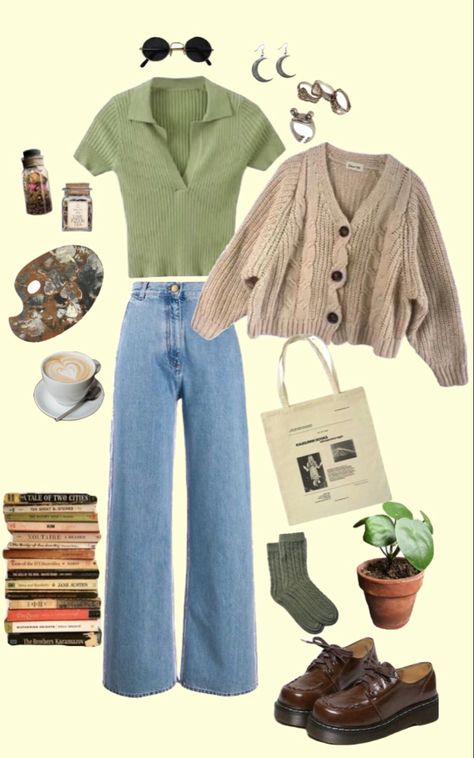 Jeans Cottagecore Outfit, Aesthetic Core Outfits, Cottagecore Outfit For School, Vintage Inspo Outfit, Casual Core Style, Cottage Core Lesbian Style, Plus Cottagecore Outfits, Cottagecore Comfy Outfit, Clothing Styles For Hourglass Shape