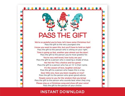 "This Christmas Pass The Gift game is a great way to get everyone involved at your Holiday party or celebration. This interactive activity is perfect for a large or small gathering with family and friends, a game that people of all ages will enjoy. Simply print out this game, choose a gift for the winner, and make it a Christmas to remember. ♡ PLEASE NOTE:  * These are digital files. Physical items will NOT be sent to you. * Please keep in mind that this printable is NOT editable. ♡ WHAT IS INCLUDED:  Christmas Pass The Gift Game ♡ WHAT YOU WILL RECEIVE: US LETTER - 8.5 x 11 inches - PDF with 2 pages - a full-page game and two 5x7-inch games - US Letter full-page game JPG - 5x7 inch game JPG A4 - 210 x 297 mm - PDF with 2 pages - a full-page game and two 5x7-inch games - A4 full-page game Christmas Pass The Gift Game, Christmas Pass The Present Game, Pass The Present Game Christmas, Pass The Gift Game Christmas, Pass The Gift Game, Pass The Parcel Game, Christmas Games For Adults, Xmas Games, Christmas Mystery