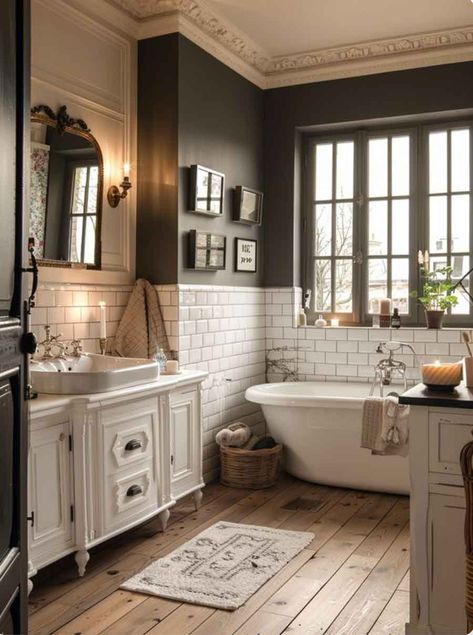 Coquette Bathroom Ideas to Indulge in a Parisian Chic Relax Time (from Simple to Luxury) - The Mood Guide Light Academia Bathroom Aesthetic, Modern Shabby Chic Bathroom, Light Academia Bathroom, Modern French Bathroom, Parisian Bathroom French Style, French Bathroom Decor Vintage, Parisian Style Bathroom, French Bathroom Design, Victorian House Bathroom