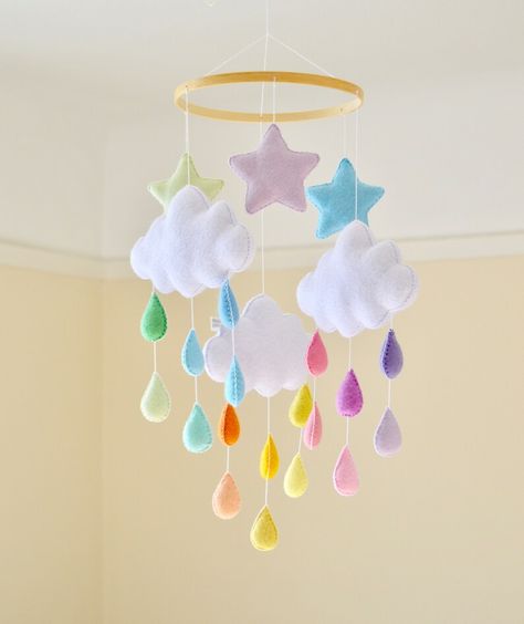 Rainbow Nursery Theme, Rainbow Baby Nursery, Cloud Nursery Decor, Cloud Nursery, Rainbow Mobile, Rainbow Nursery Decor, Nursery Rainbow, Clouds Nursery, Pastel Nursery