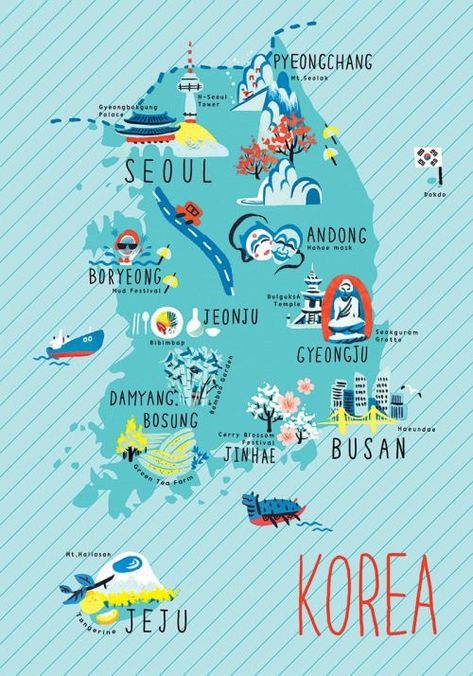 Map Of South Korea, Map Of Korea, Korea Illustration, Korean Places, Korean Heritage, South Korea Culture, Korea Culture, Visit Korea, Korean Travel