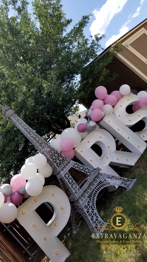 Our stunning 10ft Eiffel Tower as a main focus point for a Paris Theme Party.... Lighted Marquee Letters, Light Up Letters, Prop Making, Light Letters, Marquee Letters, Balloon Decor, Party Rentals, Event Rental, Balloon Decorations