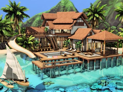 Sims 4 Beach Mansion, Sims 4 Family Beach House, Beach House Sims 4 Cc, The Sims 4 Sulani Houses, Sims 4 Beach House Floor Plans, Sims Beach House, Sims 4 Island Living House, Sulani Homes Sims 4, Beach House Sims 4