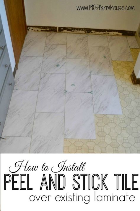 Transform a bathroom floor on a budget with peel and stick vinyl tile with a high end carerra marble look #farmhousebathroom #peelandsticktile #diyhome Peel And Stick Vinyl Tile, Flooring Bathroom, Vinyl Flooring Bathroom, House Flip, Peel And Stick Floor, Linoleum Flooring, Vinyl Floor, Peel And Stick Tile, Peel And Stick Vinyl