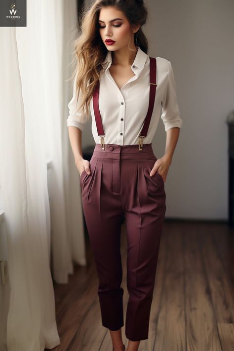 Introducing our sophisticated and chic Women's Burgundy Pleated Trousers with Attached Suspenders and Pockets - a perfect blend of style, comfort, and functionality. Elevate your wardrobe with this versatile piece that seamlessly transitions from casual to semi-formal occasions. Crafted with the modern woman in mind, these trousers boast a rich burgundy hue that adds a touch of elegance to any ensemble. The pleated design enhances the overall aesthetic, providing a tailored and polished look tha Campaign Outfits Women, Overalls Office Outfit, Work To Going Out Outfit, Librarian Fashion Aesthetic, Classy Outfits Vintage, 1940 Fashion Women 40s Style, Glam Summer Outfits, Amelie Style, Colored Trousers