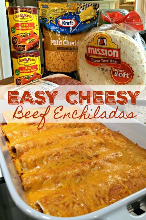 EASY CHEESY BEEF ENCHILADAS - Go-to family favorite for almost two decades. With just four ingredients and under an hour from start to finish, these cheesy, beefy, saucy enchiladas are a cinch to make, always a hit! Mexican Dinner Recipes Beef, Cheesy Beef Enchiladas, Enchiladas Potosinas, Easy Enchilada Recipe, Tartiflette Recipe, Easy Beef Enchiladas, Enchilada Casserole Beef, Beef Enchilada Recipe, Ground Beef Enchiladas