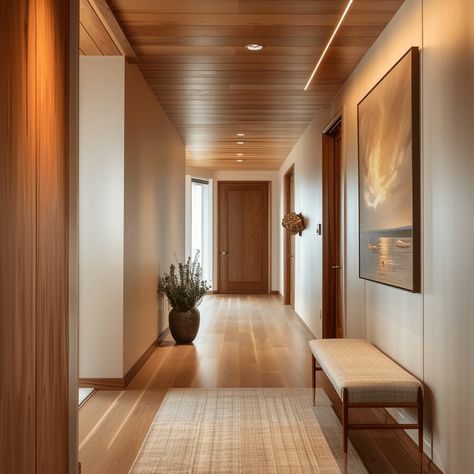 37 Mid-Century Hallway Designs That Will Leave Your Guests in Awe Mid Century Modern Wood Floors, Moss Ceiling, Mid Century Modern Foyer, Mid Century Modern Hallway, Mid Century Hallway, Modern Hallway Design, Long Hallways, Entrance Way, Mid Century Minimalist