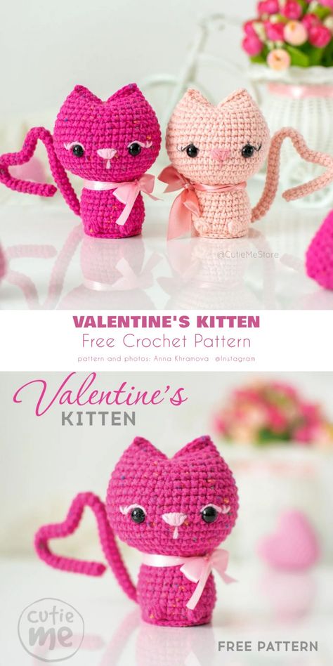 Valentine's Crochet Patterns, Crochet Valentines Gifts For Kids, Valentine Crochet Amigurumi, Valentines Free Crochet Patterns, Crochet Free Cat Pattern, Valentine Crochet Patterns Free Projects, Valentine's Crochet Ideas, Easy Crochet Valentine Patterns, Valentine's Crochet Free Patterns