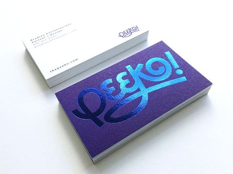 Peeko Business Cards by Bradley Knickerbocker Foil Business Cards, Qr Code Business Card, Name Card Design, Hot Foil Stamping, Blue Foil, Business Cards Creative, Foil Stamping, Card Inspiration, Foil Print