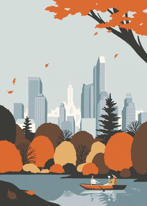 Autumn Graphic Design, New York Autumn, Images Pop Art, New York Illustration, Seni Mural, Posca Art, Autumn Illustration, Travel Illustration, Landscape Illustration