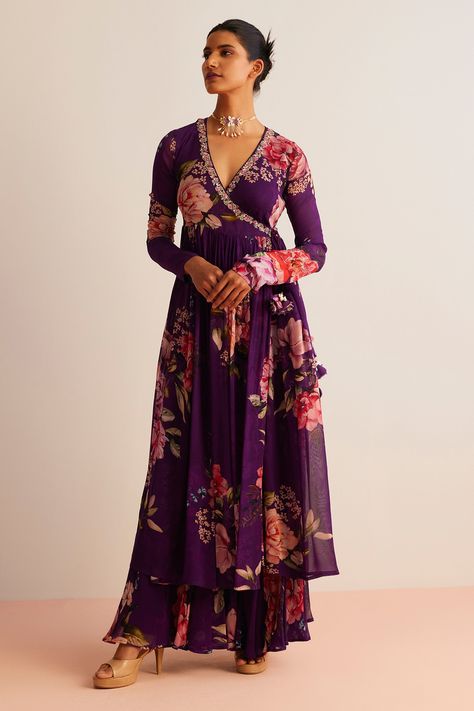 Shop for these amazing collections of Purple Viscose Georgette Kamya Flower Angrakha Anarkali With Pant For Women by Kalista online at Aza Fashions. Full Sleeve Anarkali Dress Georgette, Georgette Angrakha Anarkali, Floral Dress Designs Patterns Indian, Full Sleeves Anarkali Suits, Full Sleeves Dresses For Women, Georgette Floral Anarkali Dress, Full Sleeves Anarkali Dress, Anarkali Full Sleeve Suits, Anarkali Designs For Stitching