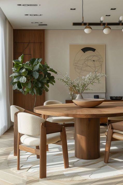 Neutral modern dining room decor with round wood dining table and dining chairs
