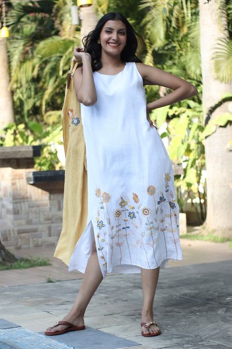 Linen Bloom -Shop for these amazing collections of White 100% Linen Embroidery Thread Round Floral Dress For Women by Linen Bloom online at Aza Fashions. Embroidered Dress White, Blue Dresses For Women, Linen Embroidery, White Embroidered Dress, Linen Dress Women, Embroidered Midi Dress, Designer Dresses Casual, Floral Embroidered Dress, Womens Floral Dress